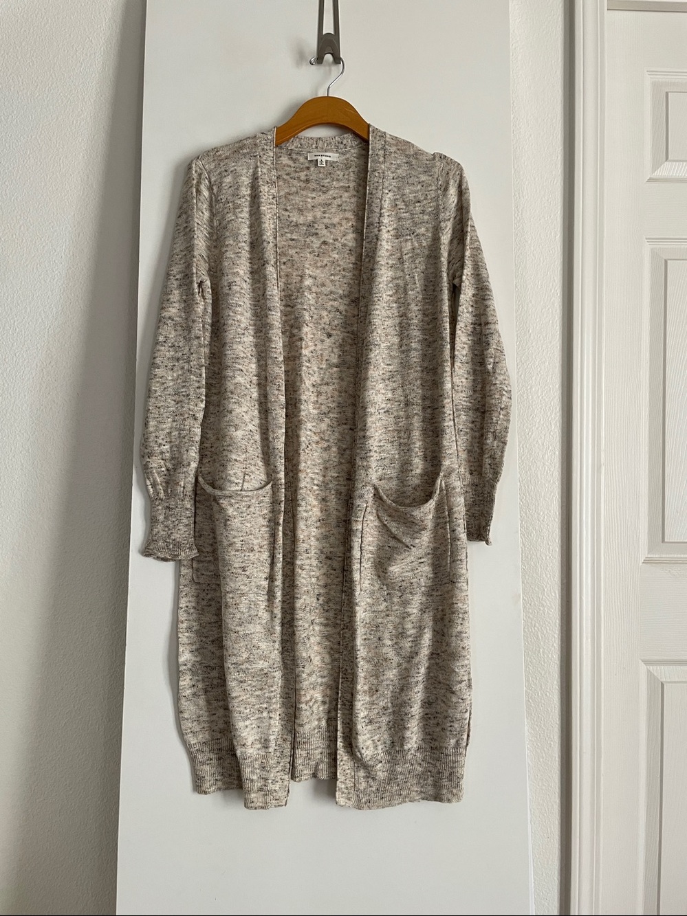 Max Studio Cotton Linen Blend Long Duster Cardigan Sweater Ivory/Brown NWOT